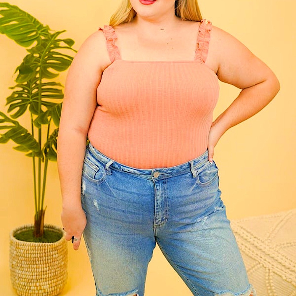 🆕🌿🧡SKY PLUS: ROSE Wide Rib Knit Bodysuit with Ruffle Straps SIZES 3X